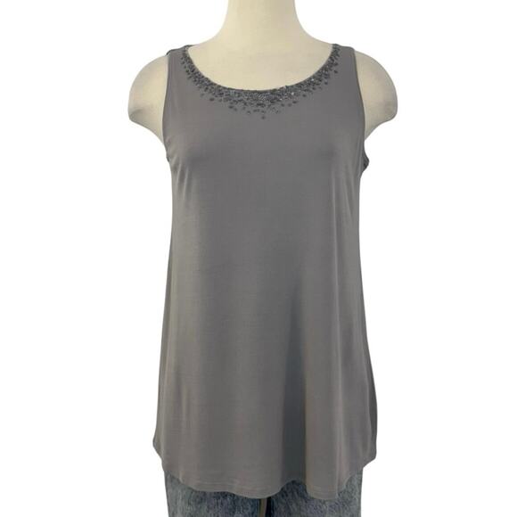 Eileen Fisher Silk Tunic Tank Top Sequined Neckline Gray Sleeveless L Petite - Picture 1 of 10